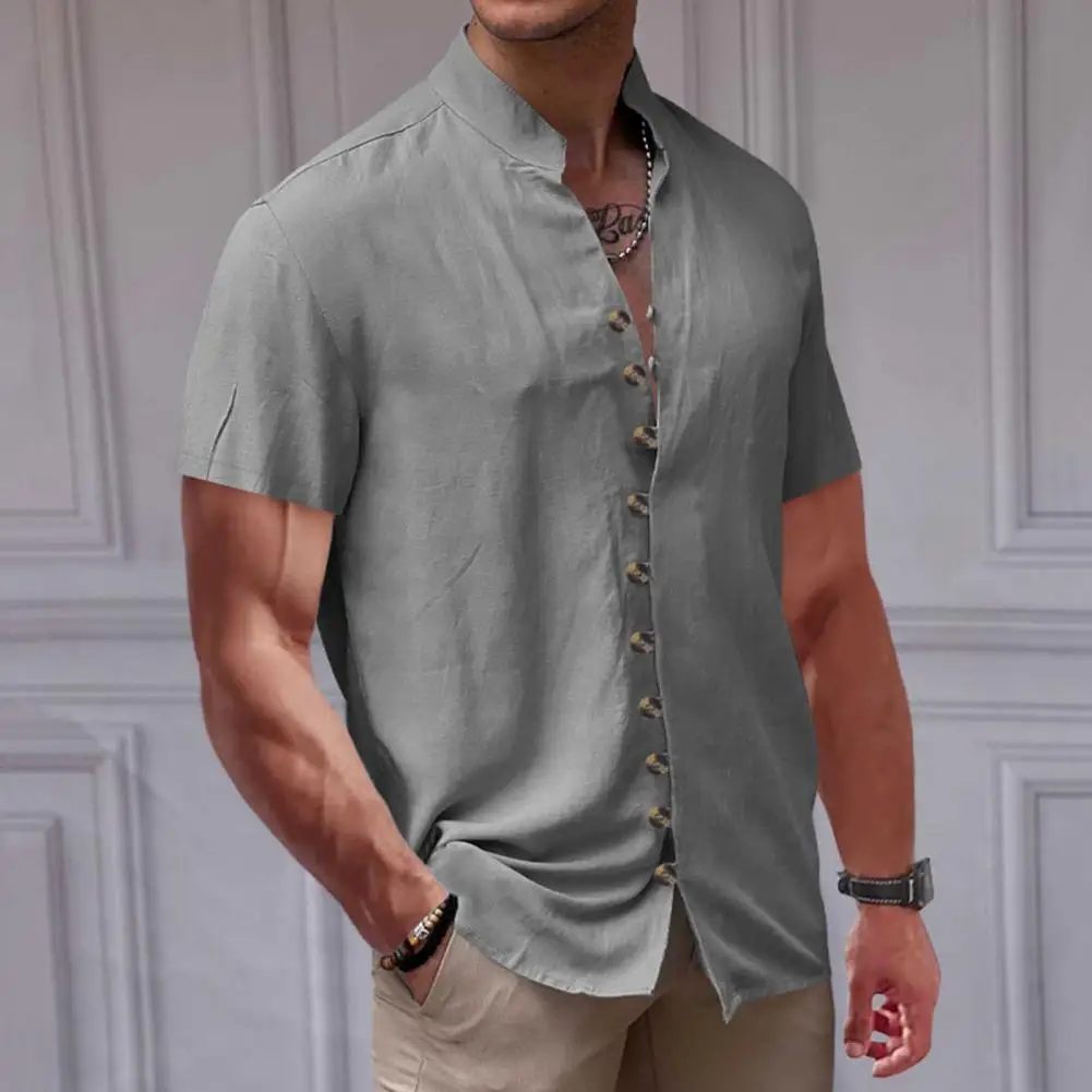 Men Linen Shirt Short Sleeve Button Down Stand Collar Casual Solid Color Lightweight Breathable Beach Shirt for Daily Wear
