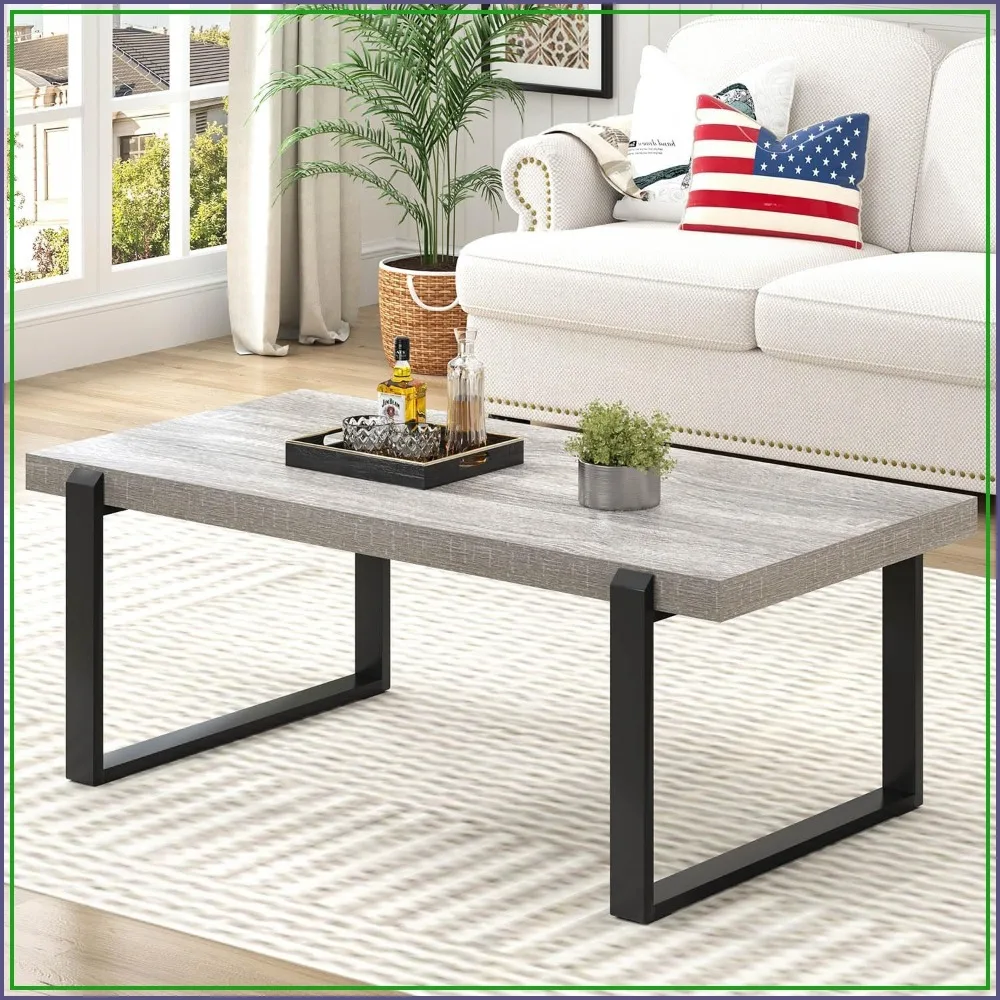 47 Inch Rustic Wood and Metal Coffee Table Modern Rectangle Center Table Living Room