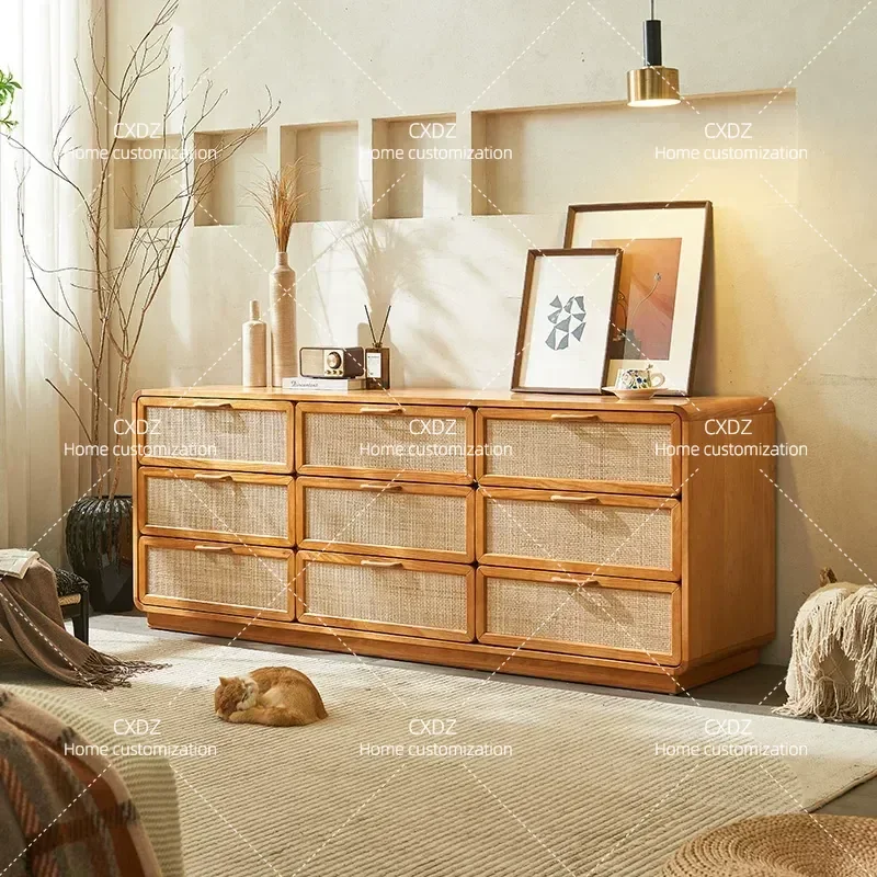 Solid Wood Rattan Nine Drawer Storage Cabinet Cherry Sideboard Japanese Entryway Console Table