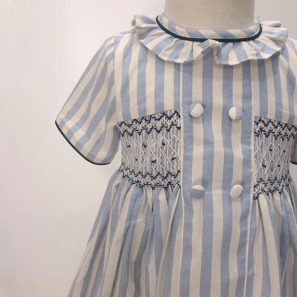 Robe d\'été en coton à manches courtes pour filles, jupe princesse bleu marine, col en cuir chevelu, vêtements de vacances décontractés pour enfants