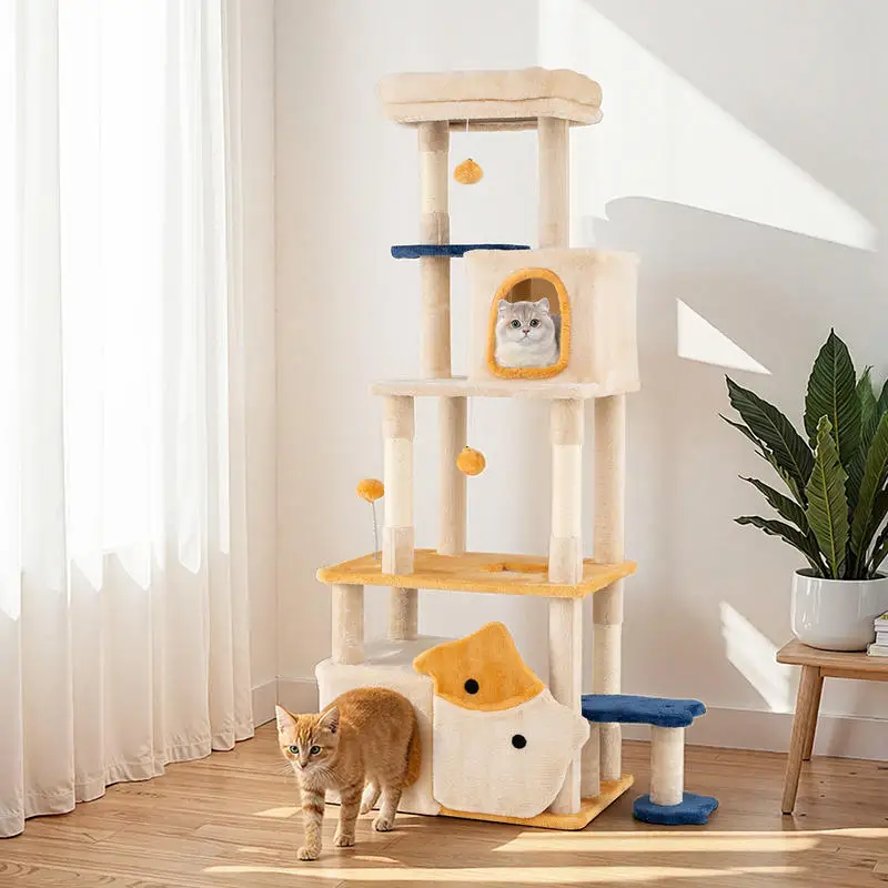 Großer Holz-Katzenbaum mit Fisch-Design, Kratzbaum, Kletterbaum, beige mehrstöckiges Kletterhaus mit hängendem Spielzeug für kleine bis mittelgroße Katzen zum Ausruhen und Spielen im Innenbereich