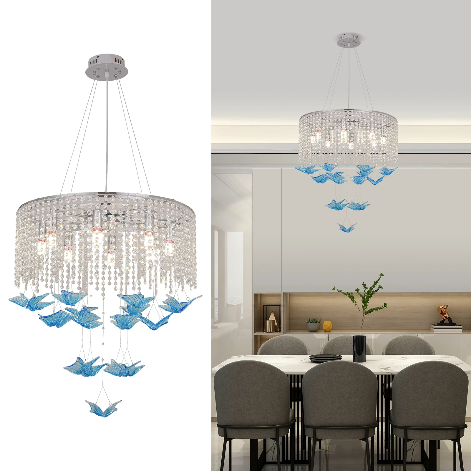 

E12x8 Φ60cm Elegant Crystal Butterfly Chandelier with 3-Color Dimming Modern Ceiling Light Fixture for Indoor Luxury Home Decor