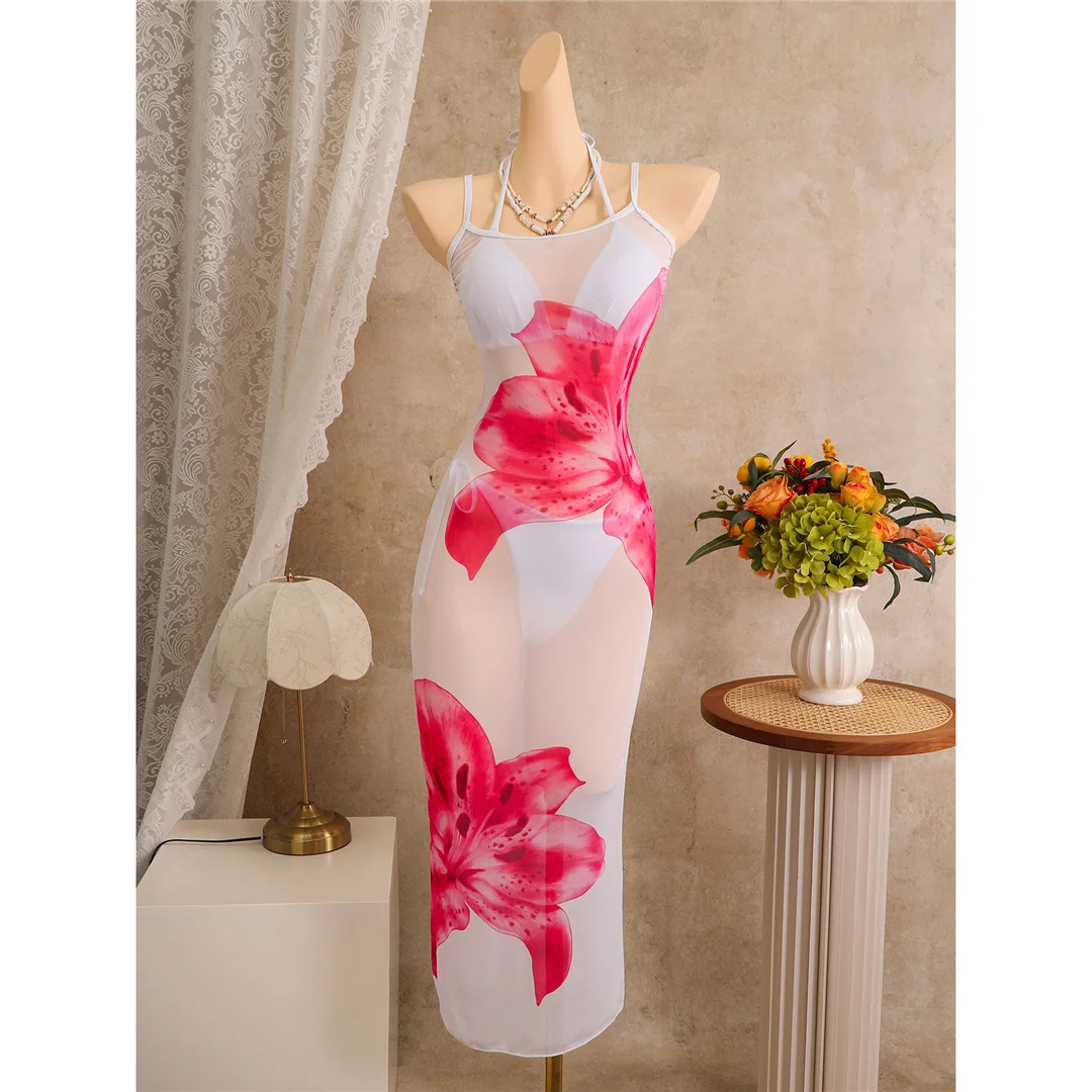 Mit Blumenmuster, Neckholder-Bikini, Damen-Badeanzug, dreiteiliges Bikini-Set, Badebekleidung, Badeanzug, Schwimmbekleidung V8204 – Detail 6