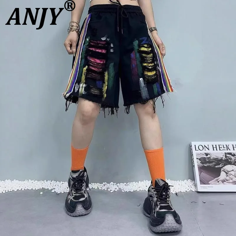 

ANJY Summer Women Denim Shorts Heavy Craft Painted Graffiti Ripped Contrast Color Drawstring Streetwear Chic Cropped Pants A8914