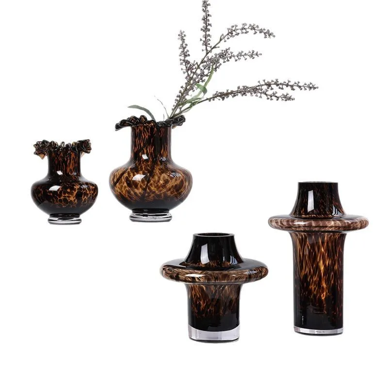 

Amber tortoiseshell leopard print crystal glass small diameter vase ornament water culture device