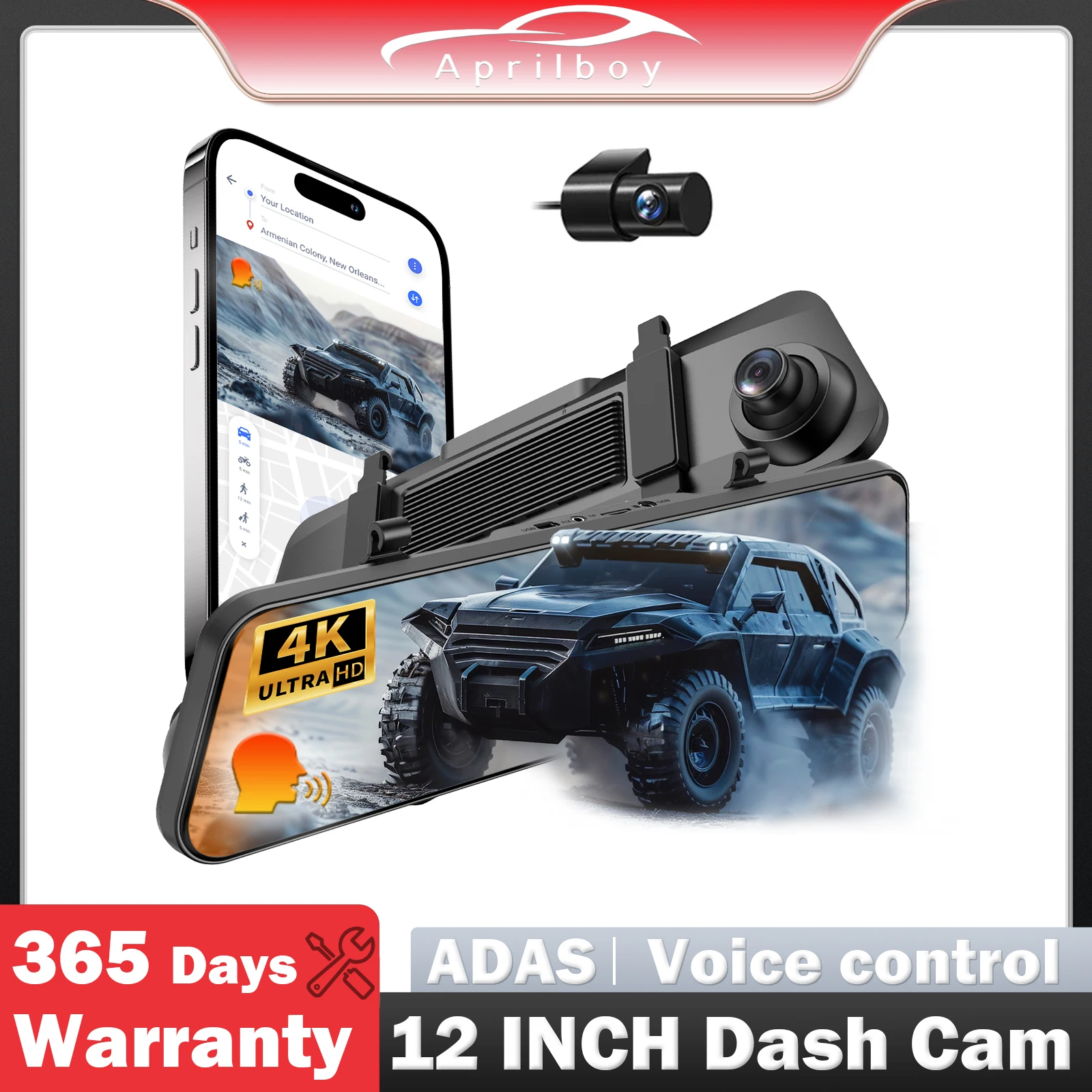 

Aprilboy 4K Mirror Dash Cam Smart Driving System ADAS/BSD/LCA with Voice Control Support Monitor Night Vision 24H Parking