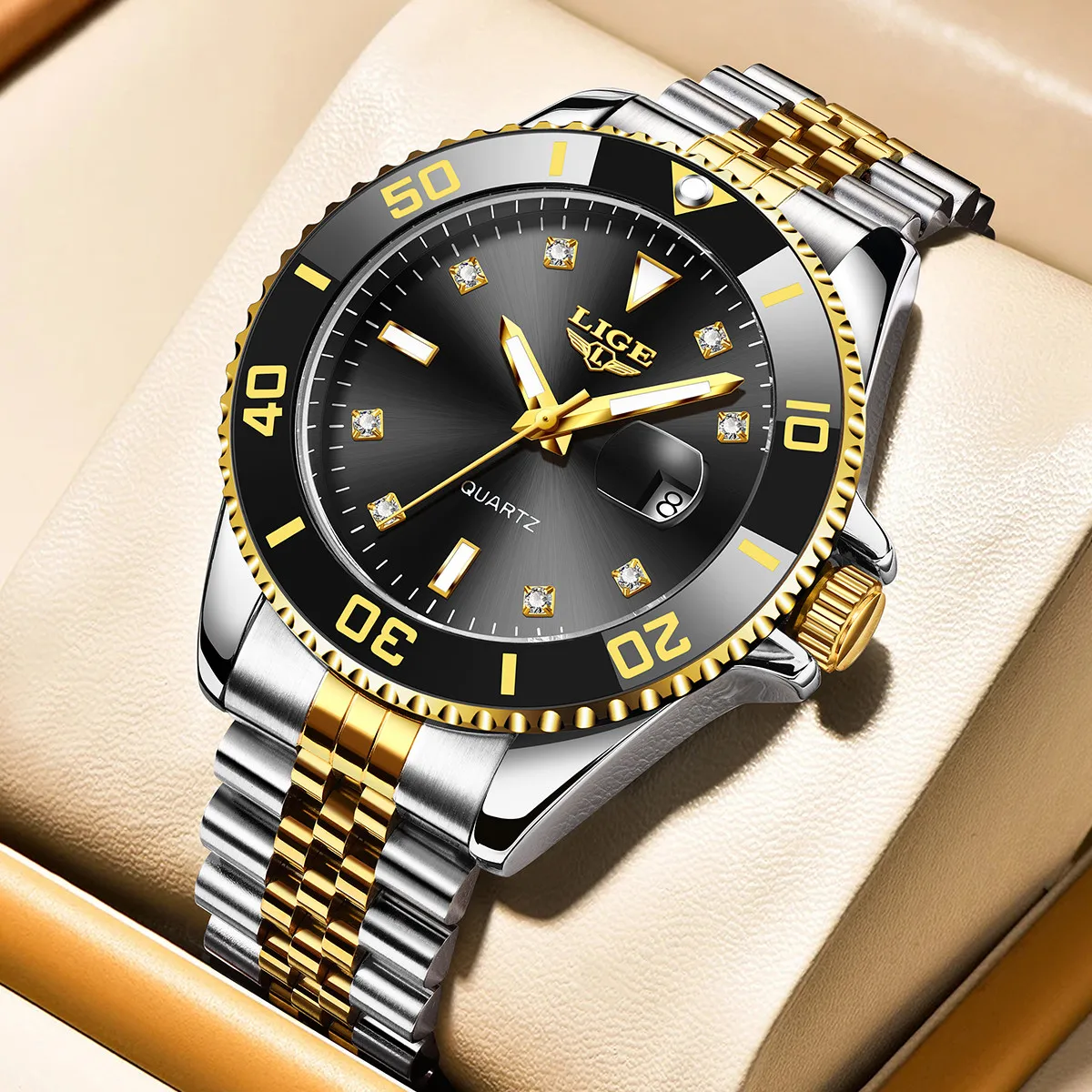 LIGE Luxury Man Watch Fashion Business Calendar Diamond Mens Watch Luminous Waterproof Stainless Steel Quartz Watches for Men