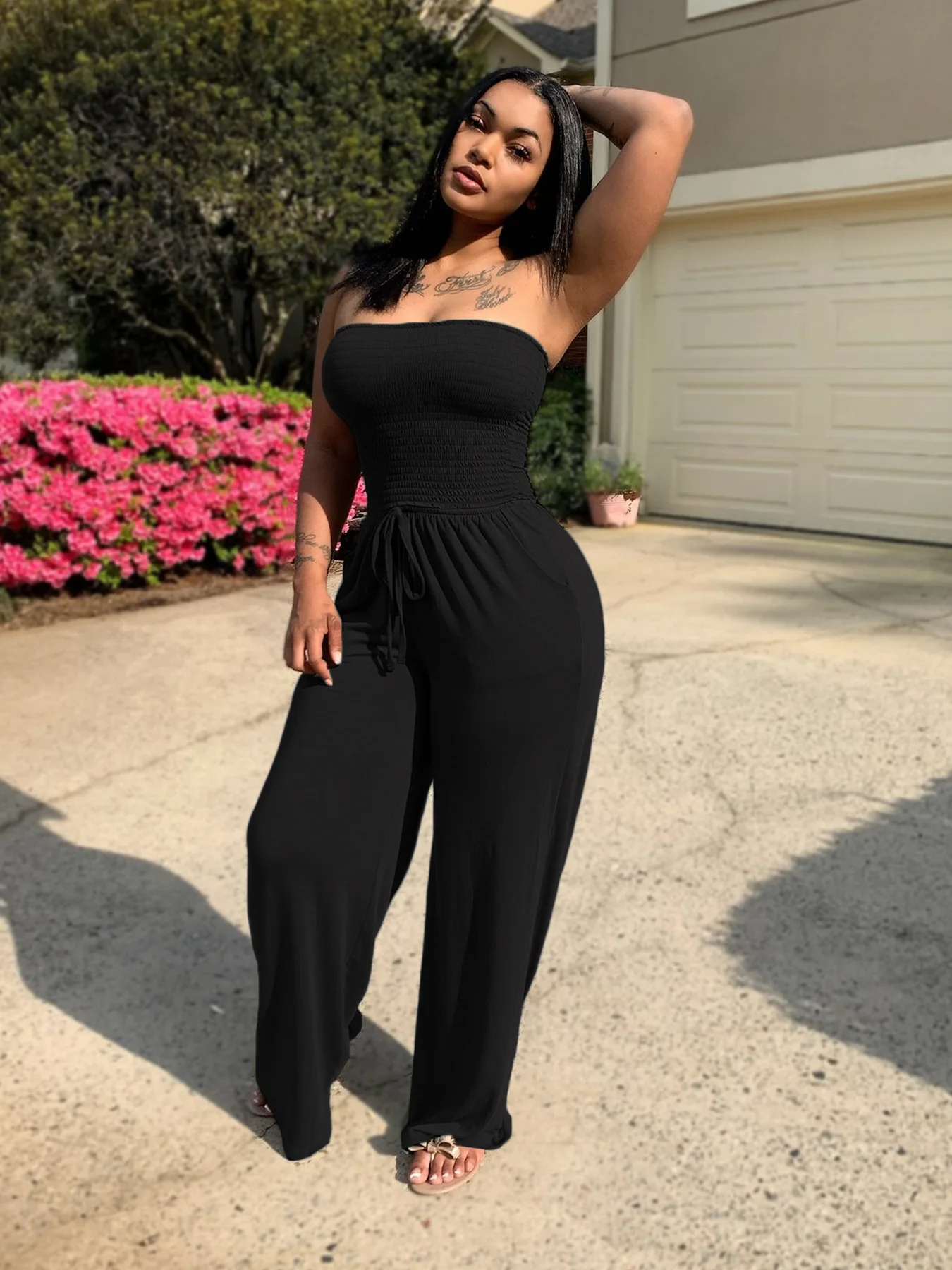 Sister Star Women's Summer Sexy Comfortable Casual Solid Color Smocked Worn Wide Leg Pants Stereoscopic Cropped Jumpsuit