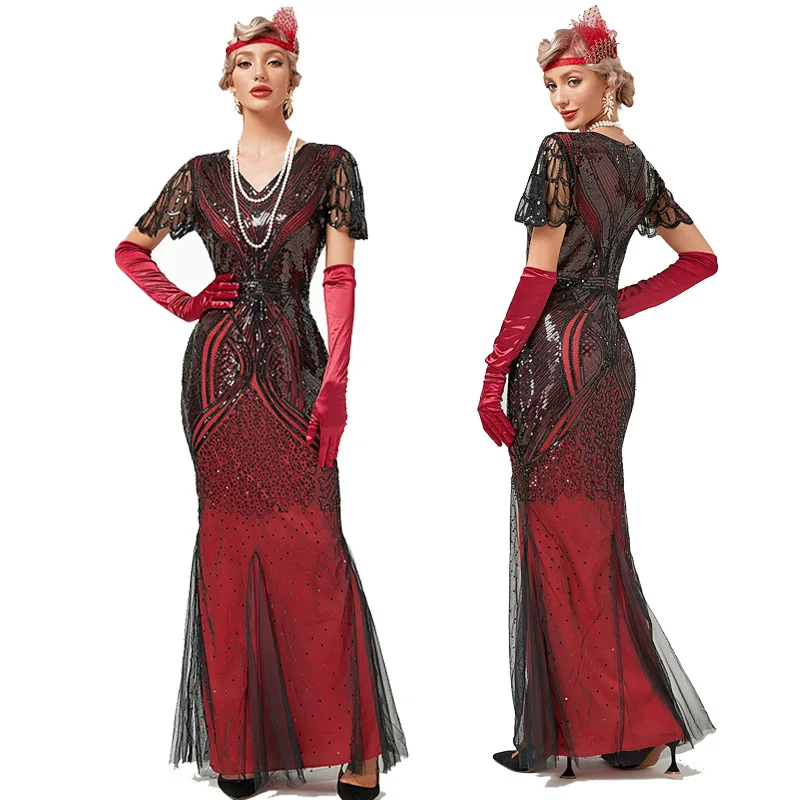 1920s Wedding Flapper Dress Gatsby Charleston Deco Sequin Bead Dress Flapper Gatsby Party Long Evening Maxi Cocktail Dress Gown