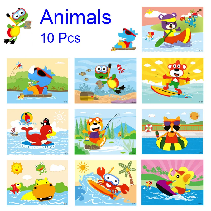 10 Pcs/Set 3D EVA Foam Sticker Cartoon Ocean Animal Vehicles Dinosaur Series Handmade DIY Art Craft Puzzles Educational Toys