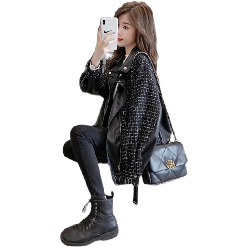 Patchwork Leather Jacket Women Street Stylish Small Fragrant Wind PU Leather Spliced Plaid Tweed Jacket Female 2024 New Coat