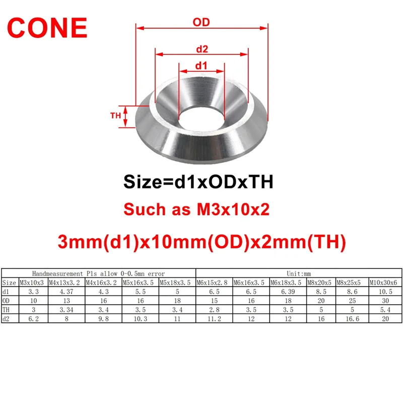 Arandelas cónicas de acero inoxidable M3 M4 M5 M6 M8 M10 304, arandelas planas avellanadas sólidas, arandelas cónicas cóncavas y convexas