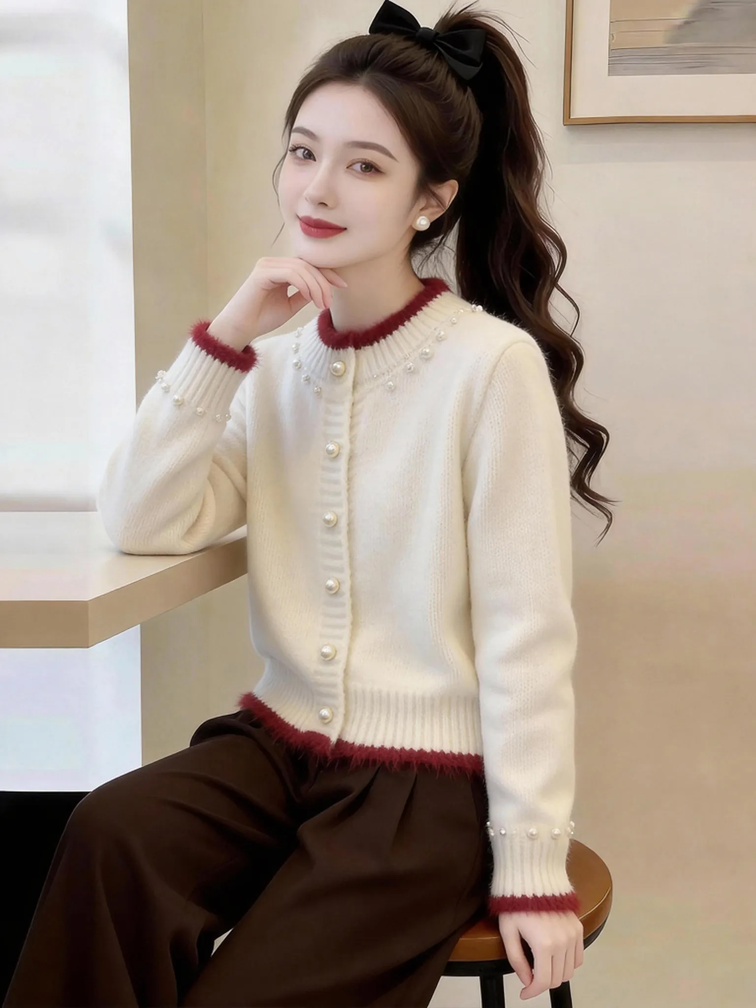 

Потрясающий красный вязаный короткий свитер с круглым вырезом, женский модный осенне-зимний винтажный кардиган с жемчужной отделкой