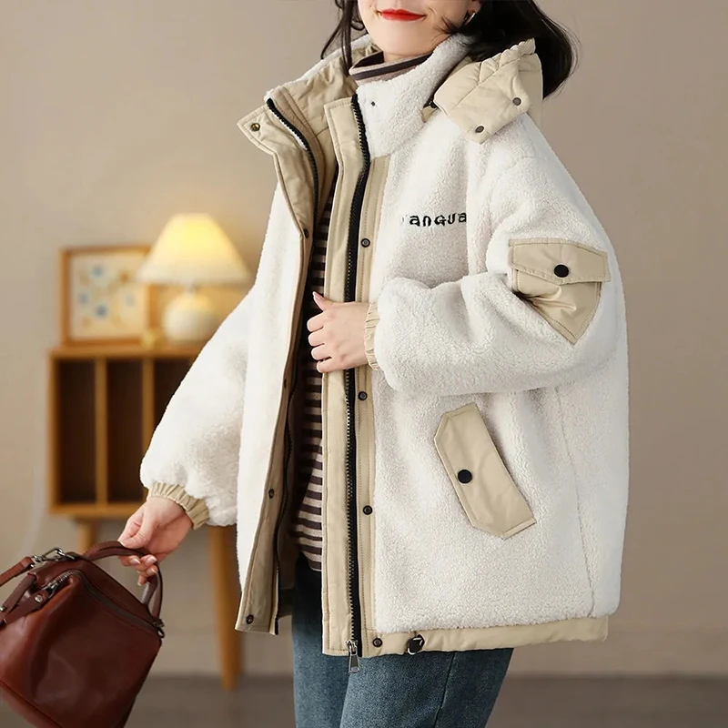 

Thicke Lamb Plush Jacket for Women, Casual Warm Parker Coat, Loose Cotton-Padded Jacket, Hooded Tops, Autumn Winter Fashion, New