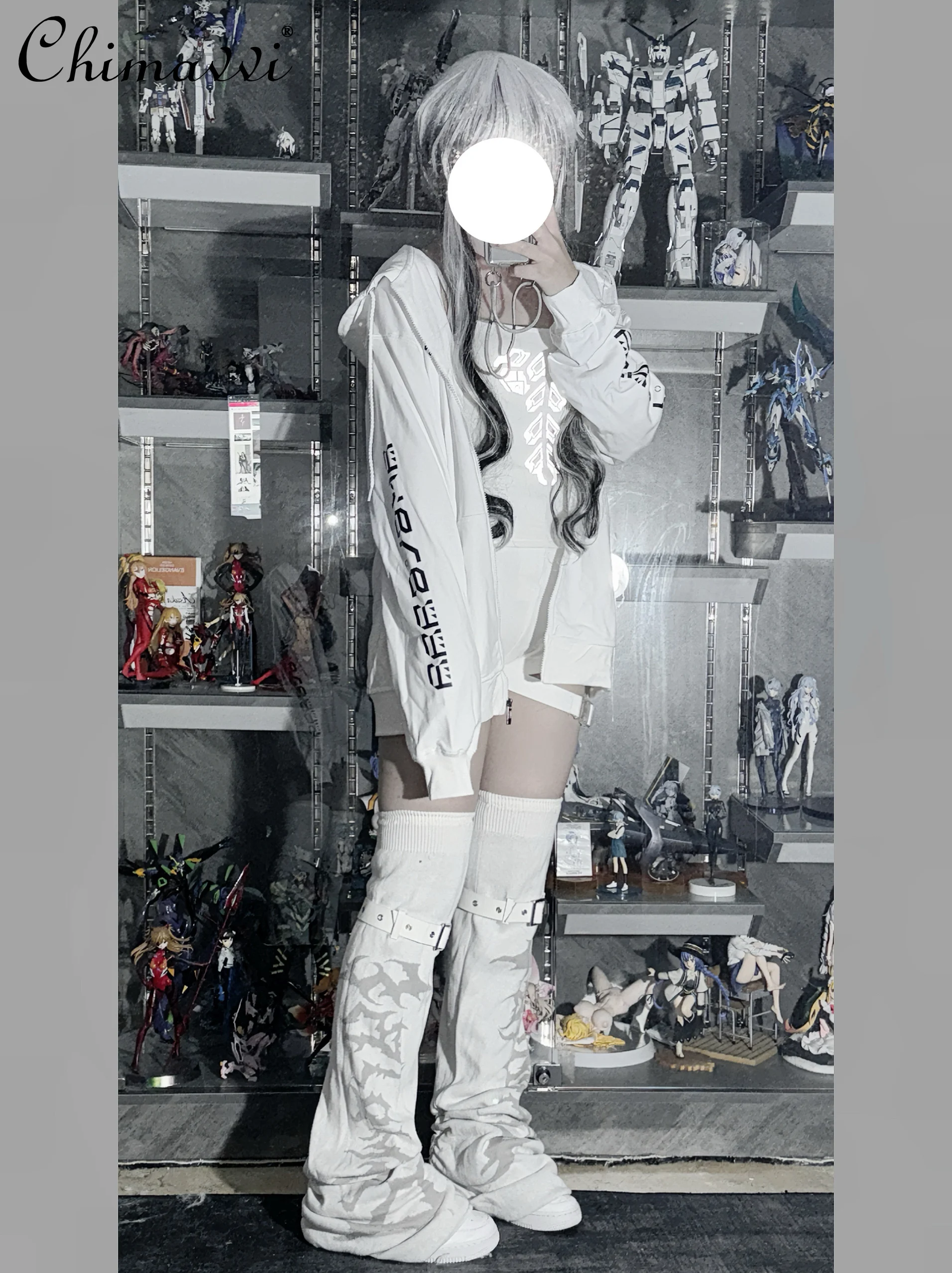 Pure White Mechanical Spine Print Hooded Loose Sweatshirt Jacket Spring and Autumn New Subculture Long-sleeved Girl Women Coat