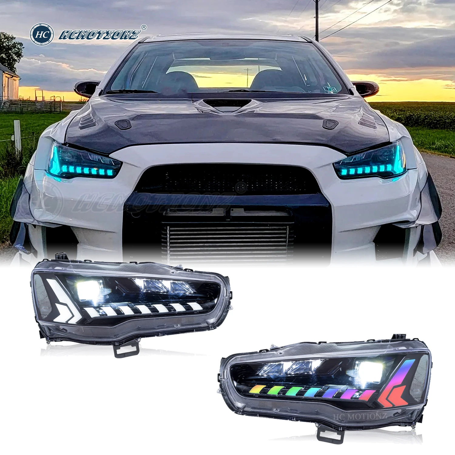 

HCMOTIONZ LED Headlights for Mitsubishi Lancer ex evo CF/CJ 2008-2017 RGB Start UP Animation DRL Car Front Lamps Assembly