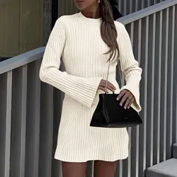 Ladies Knit Dress Fashion Casual Women Stylish Ribbed Knitted Long Sleeve Solid Color Slim Bottom Skirt A Line Hip Dress Party