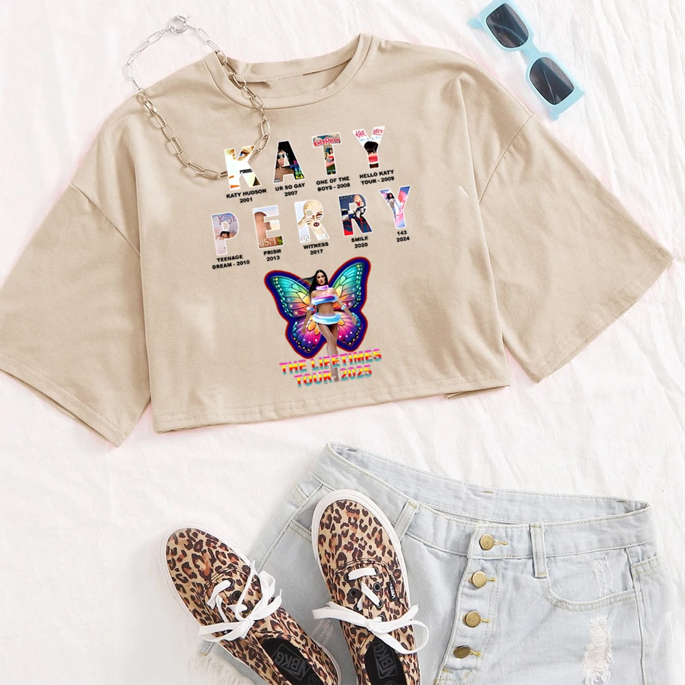 كاتي بيري 2025 جولة الحياة قميص المرأة س الرقبة قصيرة الأكمام المحاصيل القمم تي شيرت المشجعين هدية