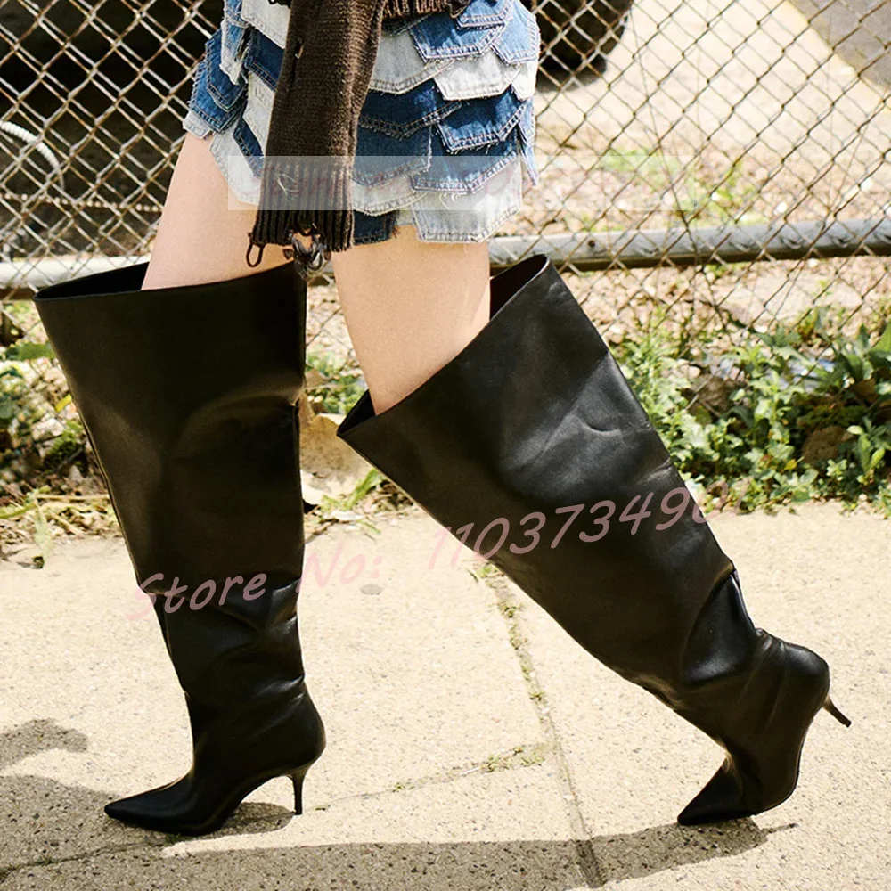 

Baggy Bucket Pointy Toe Over The Knee Boots Ladies Fashion Slip-On Stiletto High Heels Boots Women Party Nightclub Punk Shoes