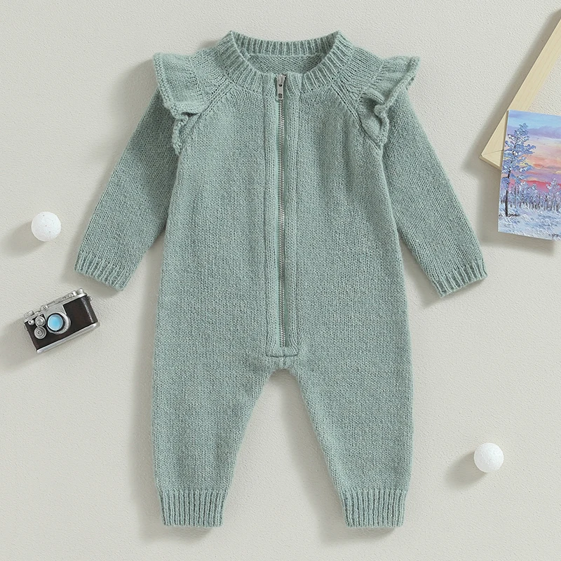 Blotona Baby Boys Girls Fall Winter Jumpsuits Cute Ruffled Long Sleeve Zipper Closure Knitted Rompers Newborn Outfit 3-18M