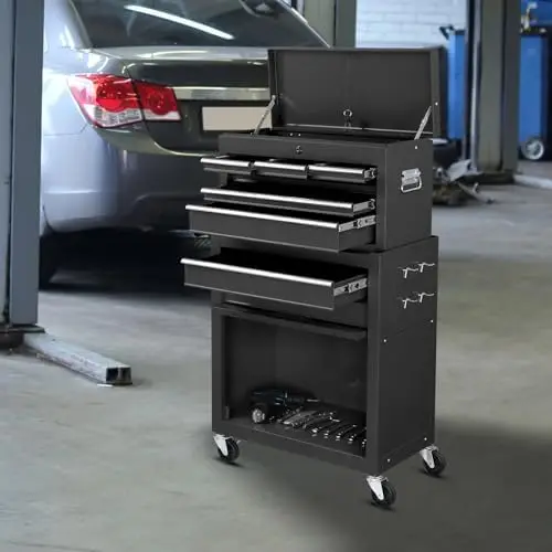 8-Drawer Rolling Tool Chest w/Lock, Tool Storage Cabinet w/Wheels, Detachable Top, Drawers & Drawer Liners, Tool