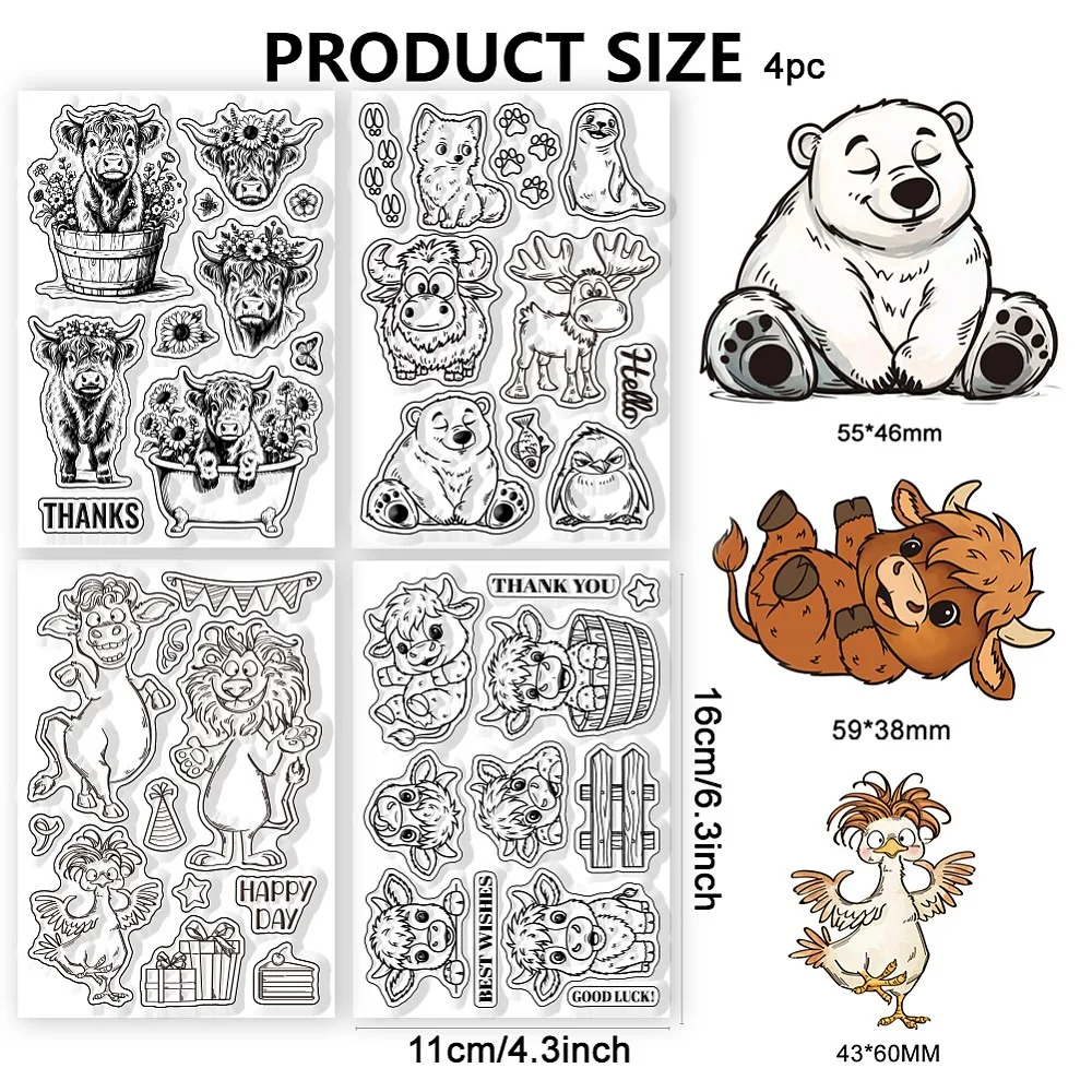 4 Pcs Highland Cattle Pattern Clear Stamps Cartoon Animal Stamp Seal for DIY Scrapbooking Card Making Paper Craft for Handmade