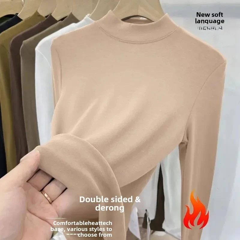 Spring Autumn Soft Fleece Women's Base Shirt Double-Sided Velvet Half-High Collar Warm Winter T-Shirt Pure Brushed Thermal Top