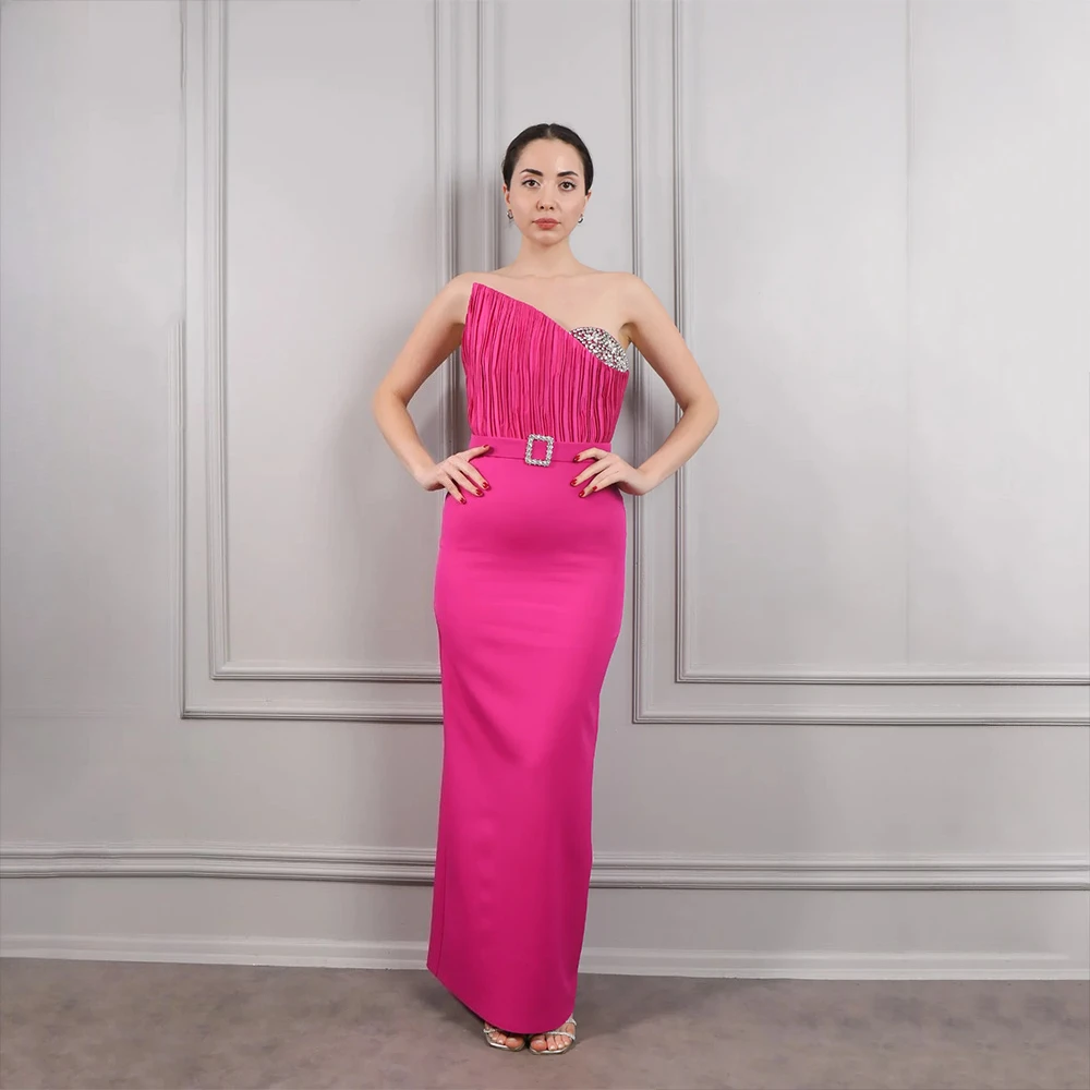 

Customized Strapless Long Evening Dresses Sashes Elegant Formal Occasion Prom Gowns Crystal 2025 Ankle Length Prom Dresses