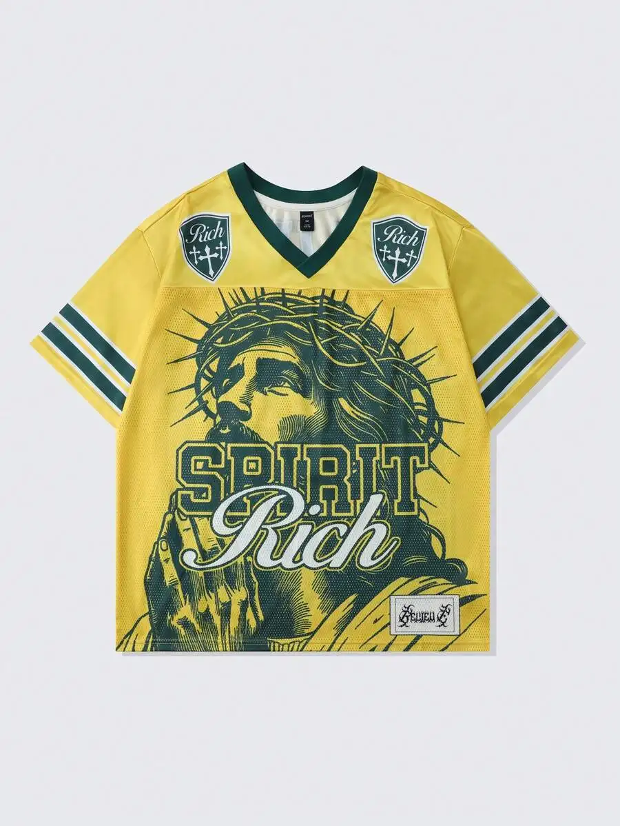 

Men's Yellow Mesh V-Neck Graphic Tee with Crown of Thorns Print
