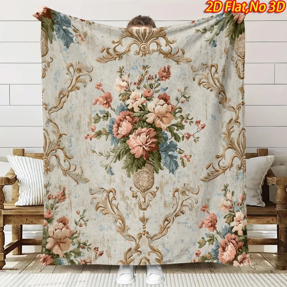 Antique Rustic Baroque Frame Peony Bouquet Vintage Texture Fluffy Blanket Soft Warm Cover For Couch Office Picnic Farmhouse Gift