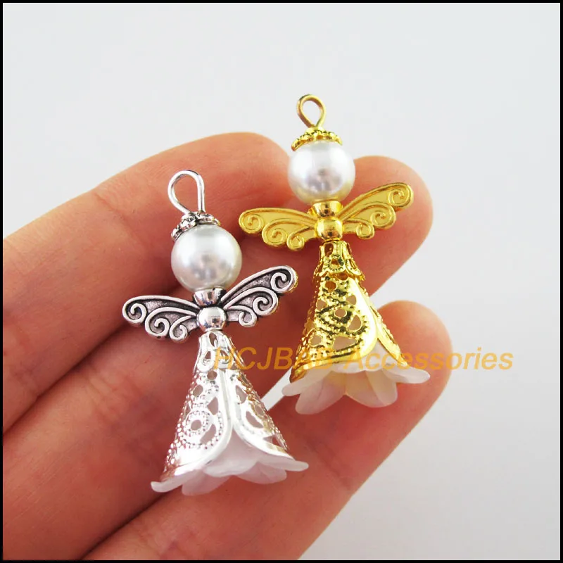 8 New Tibetan Silver Plated Gold Color Charms White Acrylic Angel Wings Pendants 22x37mm