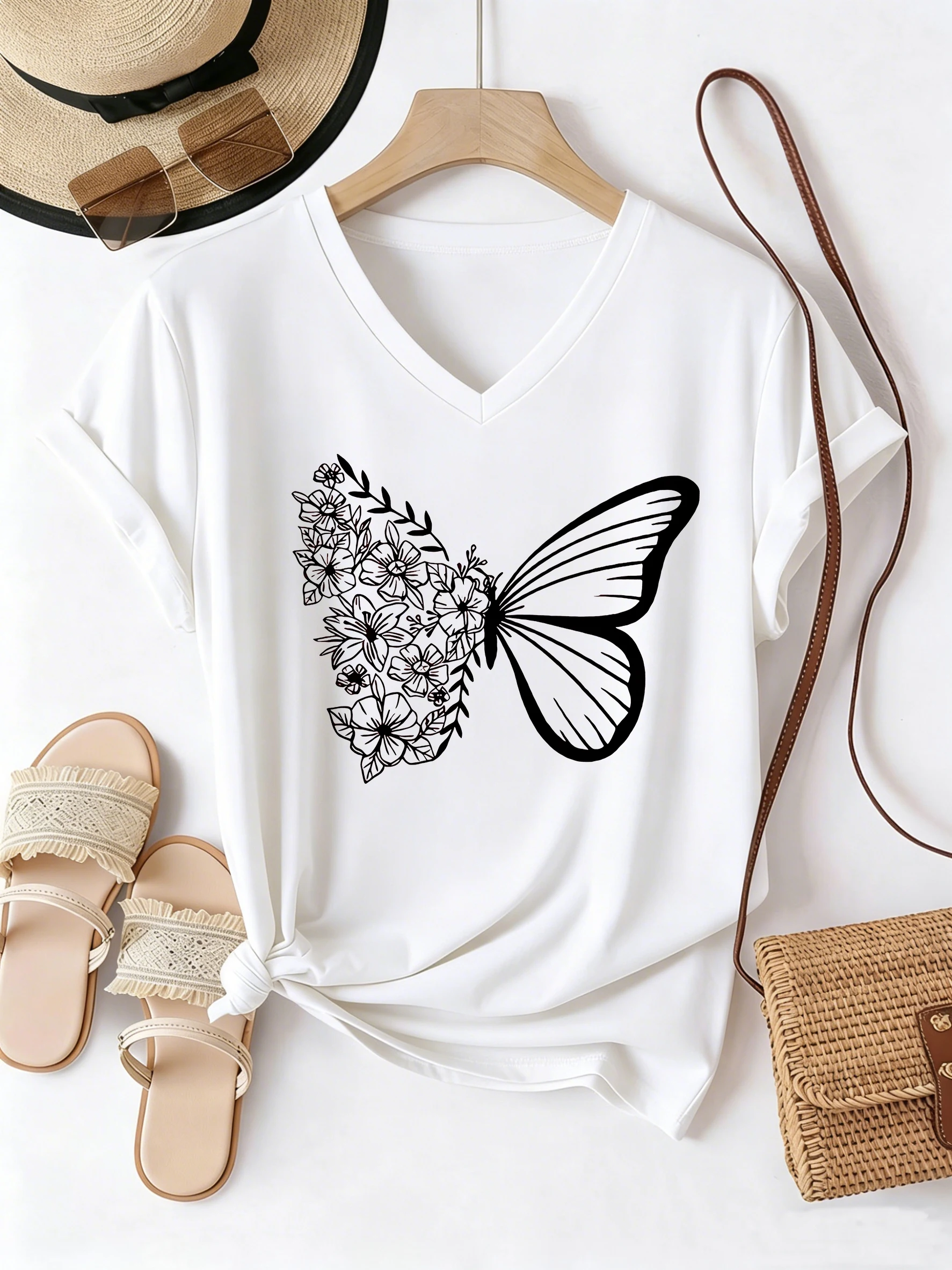 

Female Casual Fashion Y2k Vintage Butterfly T Shirts Women Short Sleeve Tee Shirt V-Neck Summer Spring T-shirt V Neck