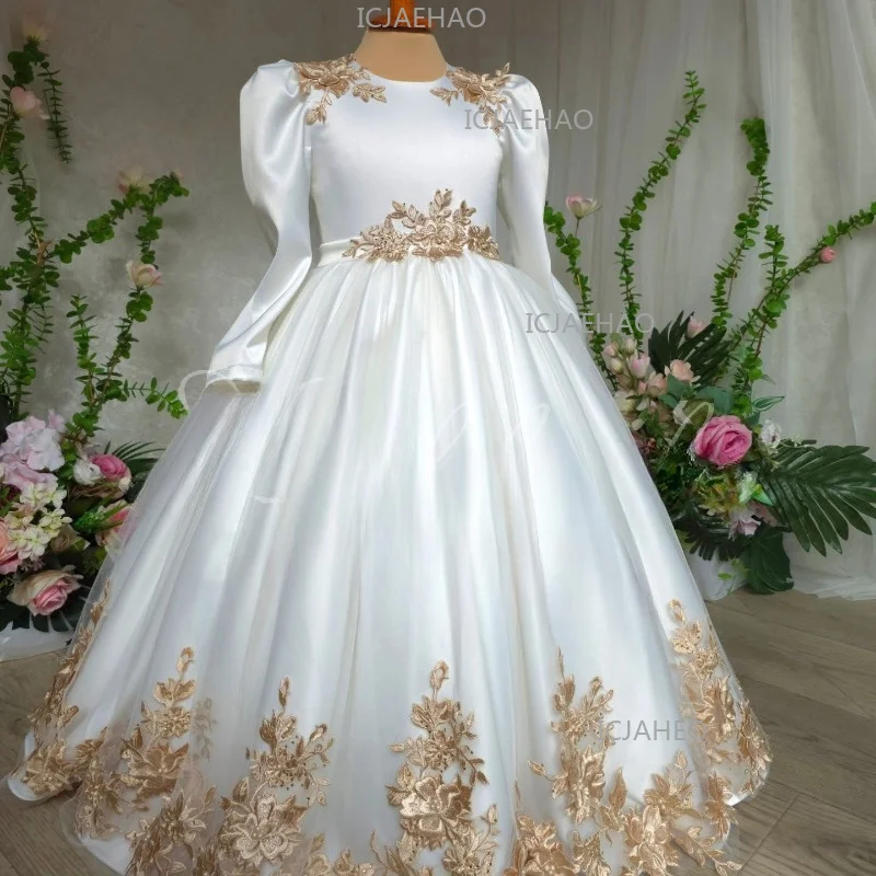 New Kids Formal Bow Floral White Children Girls Elegant Long Sleeve Pageant Outfit Princess Gown Tutu Dresses Host Performance