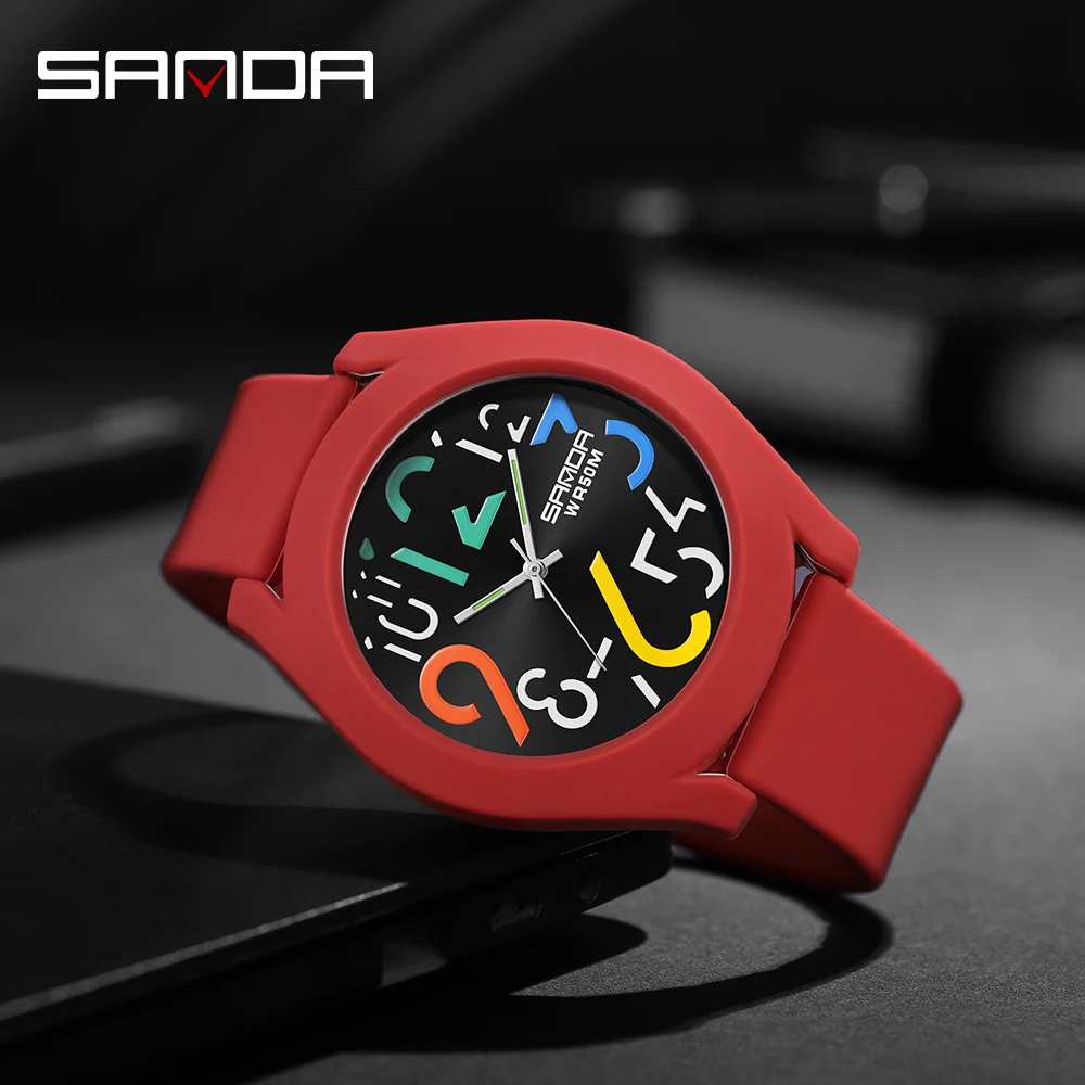 

Sanda Men'S Watch Silicone Strap Waterproof Watch Creative Simple Girls 'Watch 2023 New Fashion Red Casual Quartz Clock 9021