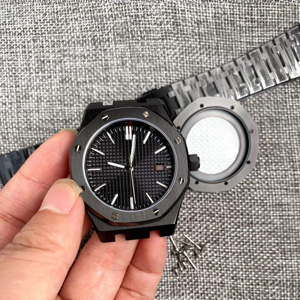 Schwarze Eiche pp Achteck Uhrengehäuse 42mm für nh34 nh35 nh36 nh37 nh38 nh39 nh70 nh72 Saphirglas Zifferblatt Handset für Uhr mod