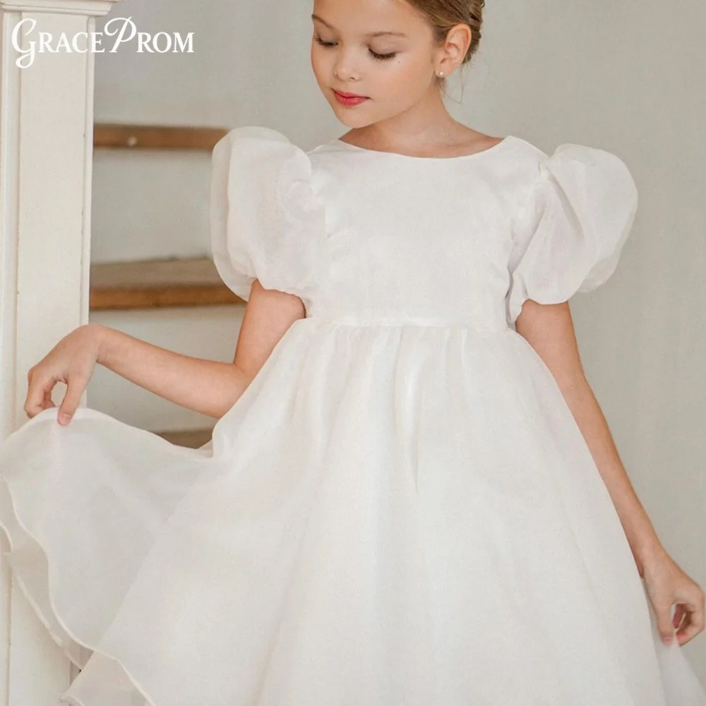 

Sweet White Puff Sleeve Flower Girl Dress Backless Round Neck Organza Skirt Kids Princess Wedding Birthday Pageant Formal Gown