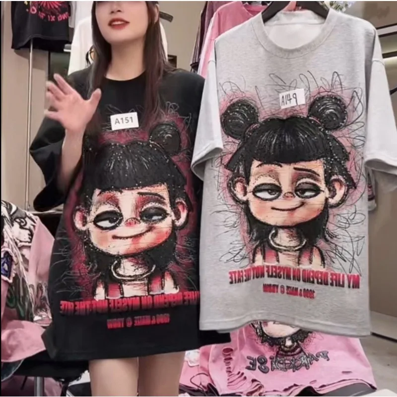 

Европейская модная весенне-летняя свободная универсальная стильная и молодежная женская футболка с круглым вырезом и короткими рукавами с принтом Nezha