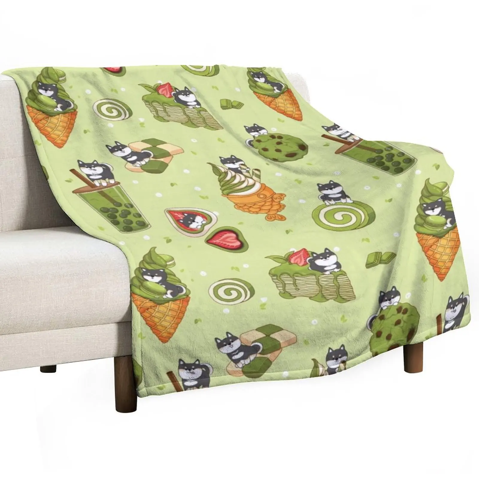 

Black Shiba Inu with Japanese desserts - Green Throw Blanket Cute Plaid Giant Sofa Beautifuls valentine gift ideas Blankets