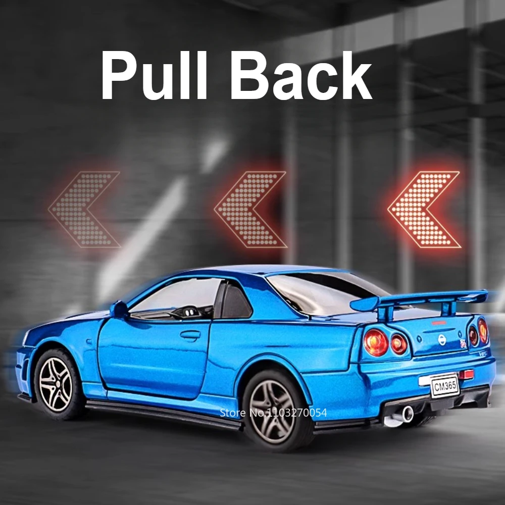 1:32 GTR R34 R45 Modello in miniatura Pressofuso in lega Auto Giocattoli 4 porte aperte Assorbimento degli urti Suono Luce Tirare indietro Regalo di Natale per bambini