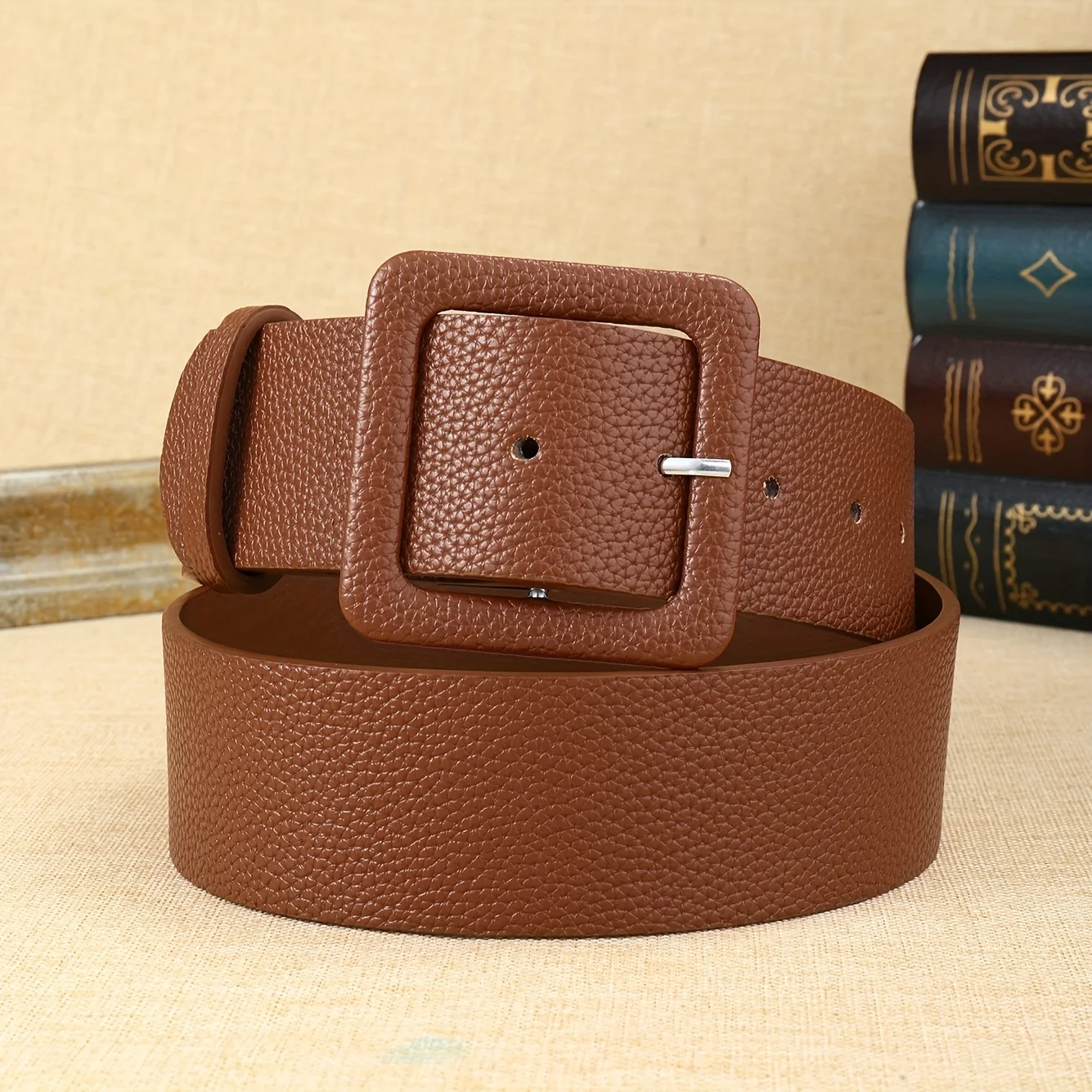 1 piece of women's belt, wide lychee patterned coffee color, simple and versatile, paired with a coat, jeans, suitable for daily