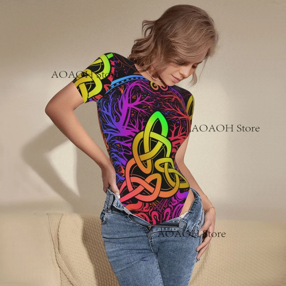 Yggdrasil Tree Of Life Celtic Women's Casual Crewneck Leggings Jumpsuit Tight Sexy Short Sleeved