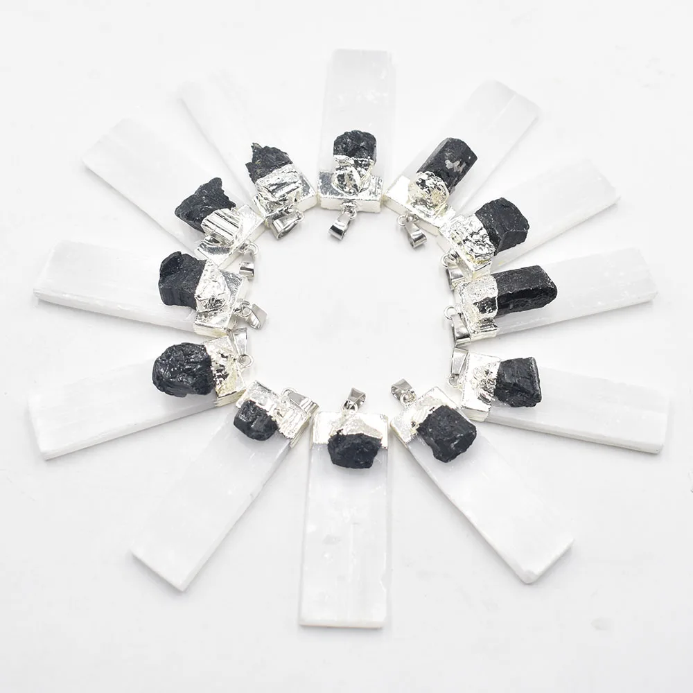 wholesale 6 12pcs/lot natural Selenite Plaster Black Tourmaline Pendants Rock Mineral Specimen Jewelry Reiki Healing Energy