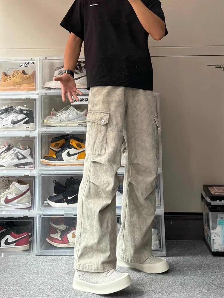 

Американские рабочие брюки с несколькими карманами в стиле High Street, свободные повседневные прямые мужские брюки, модные брендовые плиссированные брюки Haome Street, свободные широкие брюки...