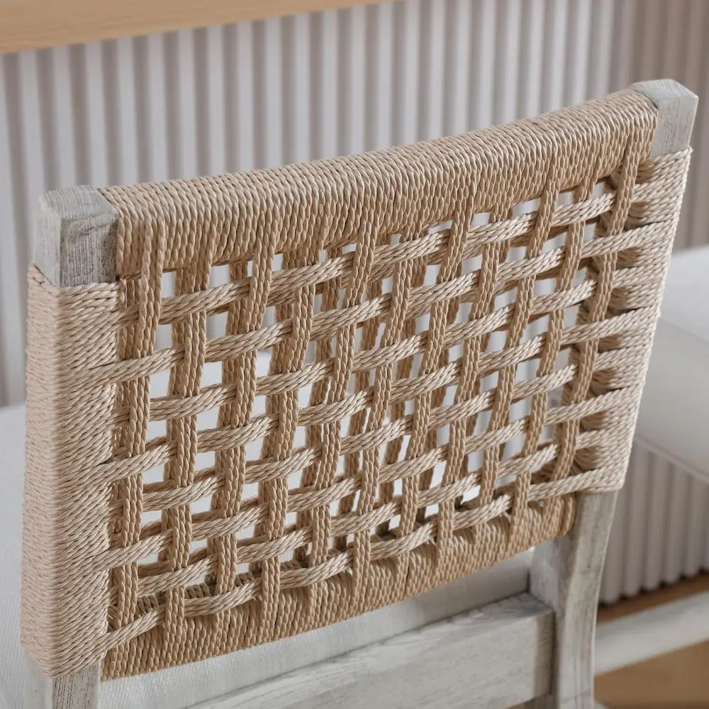 Set of 2 White Boho Linen Fabric Counter Height Stools with Woven Rope Back for Kitchen Island and Patio