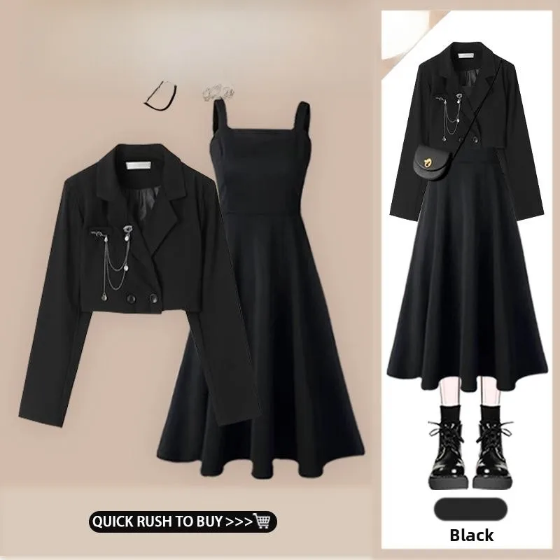 

Korean Style Women's Suit Set Short Jacket And Slimming Waist Dress Two-Piece Set Casual Fashion Autumn Collection