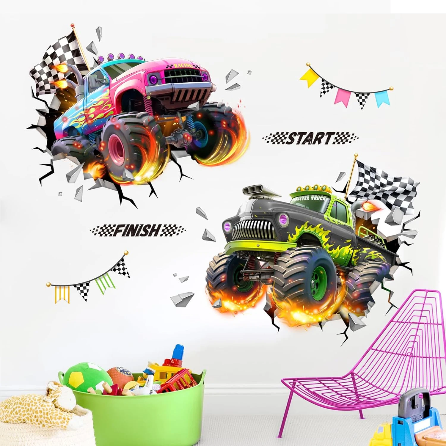 2 قطعة الكرتون 2D سباق شاحنة المائية الجدار ملصق الفينيل غرفة الطفل لعبة غرفة الاطفال الفتيان غرفة نوم غرفة المعيشة ديكور المنزل