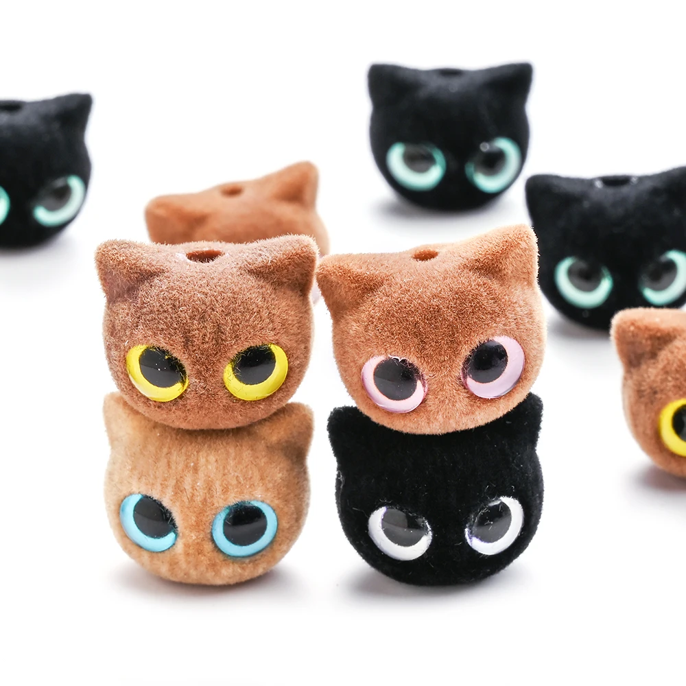 DW44 1pcs Mixed Color Flocked Kitten Acrylic Beads Colorful Eyes Loose Spacer Beads for Jewelry Making DIY Beading Supplies