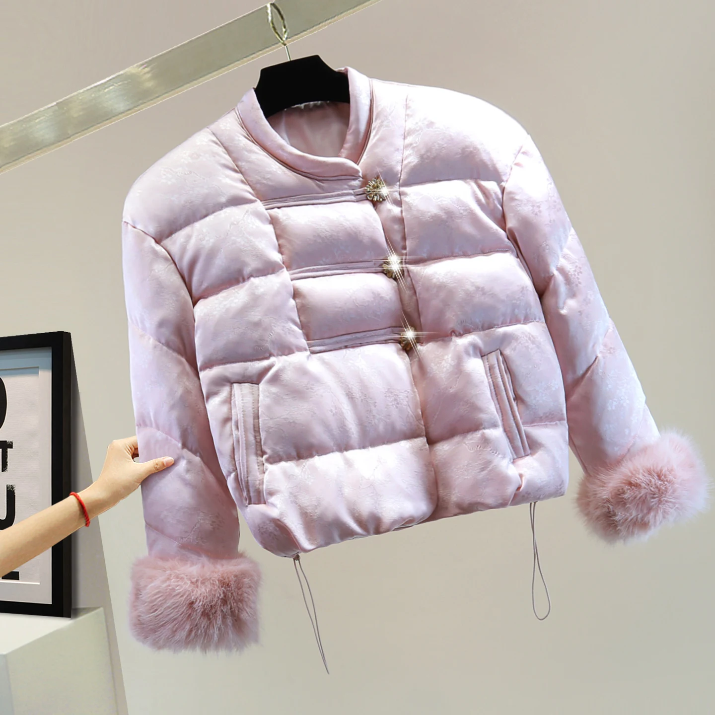 Nouveau Style chinois Jacquard cordon taille Cinch doudoune 2025 automne hiver détachable grande fourrure strass épaissi manteau