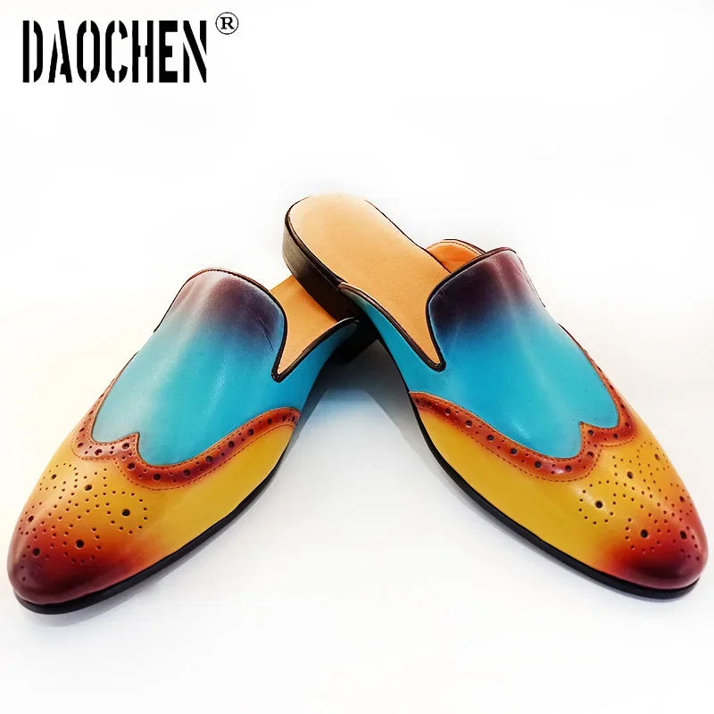 Fashion Style Men\'s Mules Half Shoes Mixed Colors Black Slip On Wingtip Causal Dress Mens Shoes Summer Leather Shoes Men