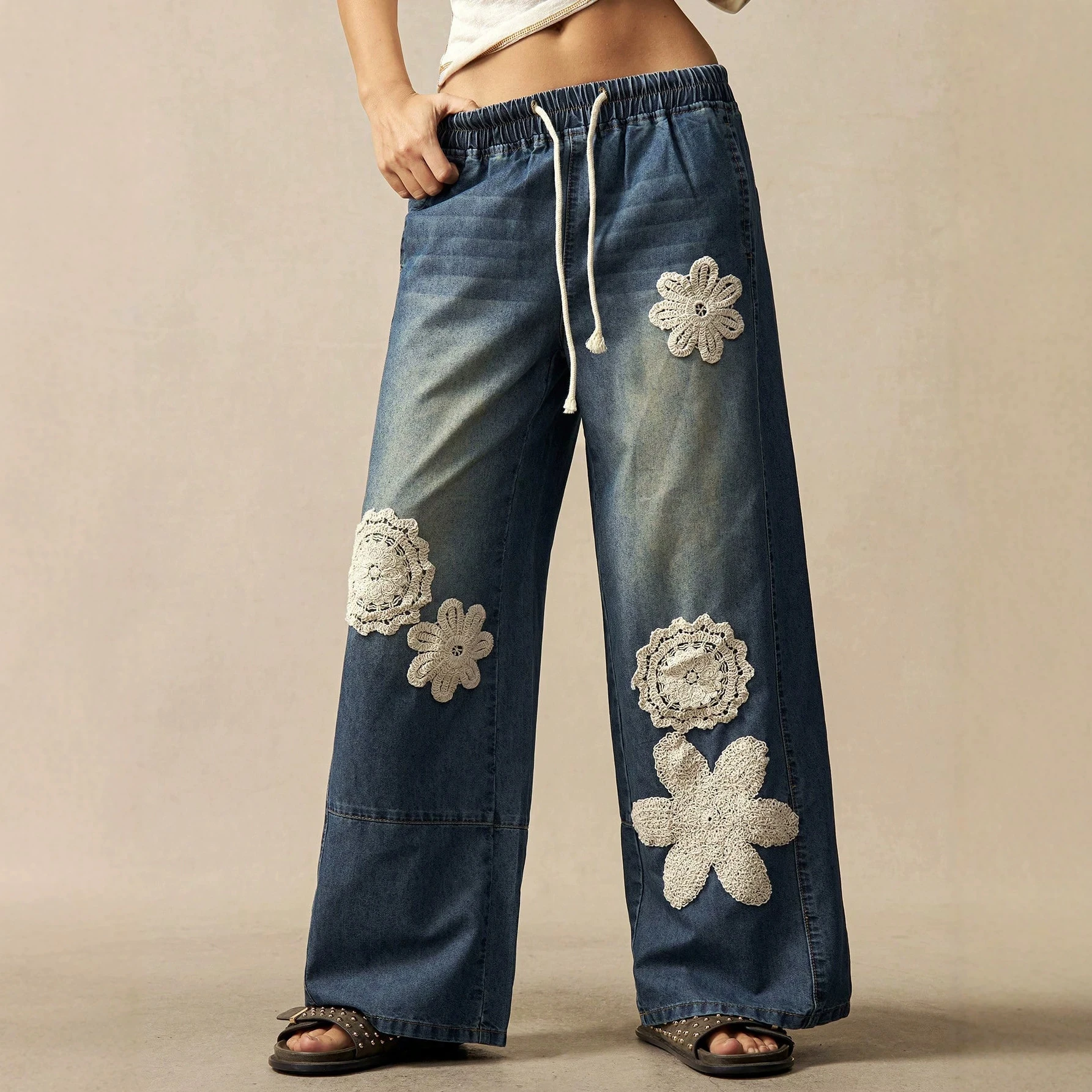 Women Boho Crochet Lace Wide Leg Jeans Elastic Drawstring Waist Loose Floor Length Straight Denim Pants Vintage Spliced Trousers